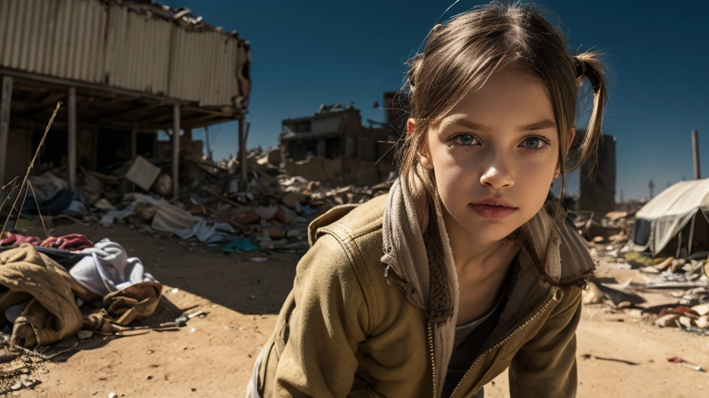 A female survivor in the wasteland. apokalyptisches Setting. Short blonde haircut. Haar mit Undercut. Sehr blasse Haut. Rundes weiches Gesicht. Rundes, weiches Kinn. Runde weiche Wangen. Geschwungene Lippen. stupsige Nase. dunkelbraune Augen. zur Kamera gerichtete Augen. very thin, thin eyebrows. Schlank. kleine Brust. lange dicke Beine. freundlich. Art. androgyn. Burschikos. Wears the used clothing of a wastelander. Hintergrund: An apocalyptic wasteland. Staubig und deprimierend.