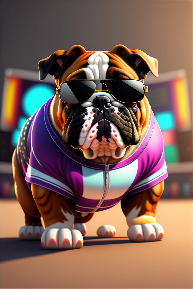 Image of an English bulldog in stylish clothes and stylish sunglasses,Art Station Trend,Use roupas de DJ,Ultra-realistic detailed rendering,rock,Filhote de rocha