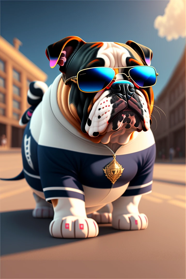 Image of an English bulldog in stylish clothes and stylish sunglasses,Art Station Trend,Use roupas de DJ,Ultra-realistic detailed rendering,rock,Filhote de rocha