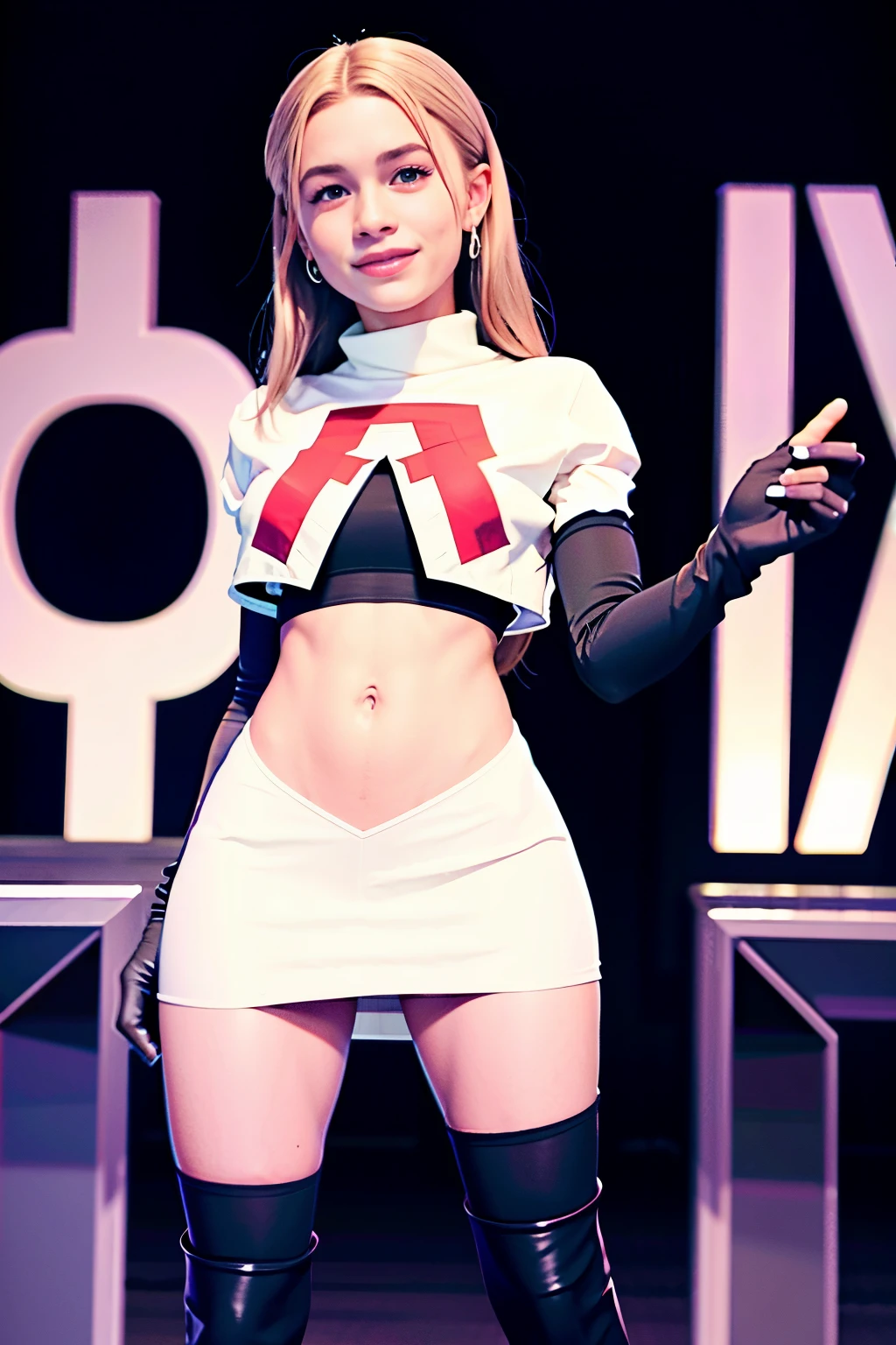 morganrosemoroney, a woman wearing team rocket,team rocket uniform,white skirt,red letter R,crop top,black thigh-highs,black elbow gloves,