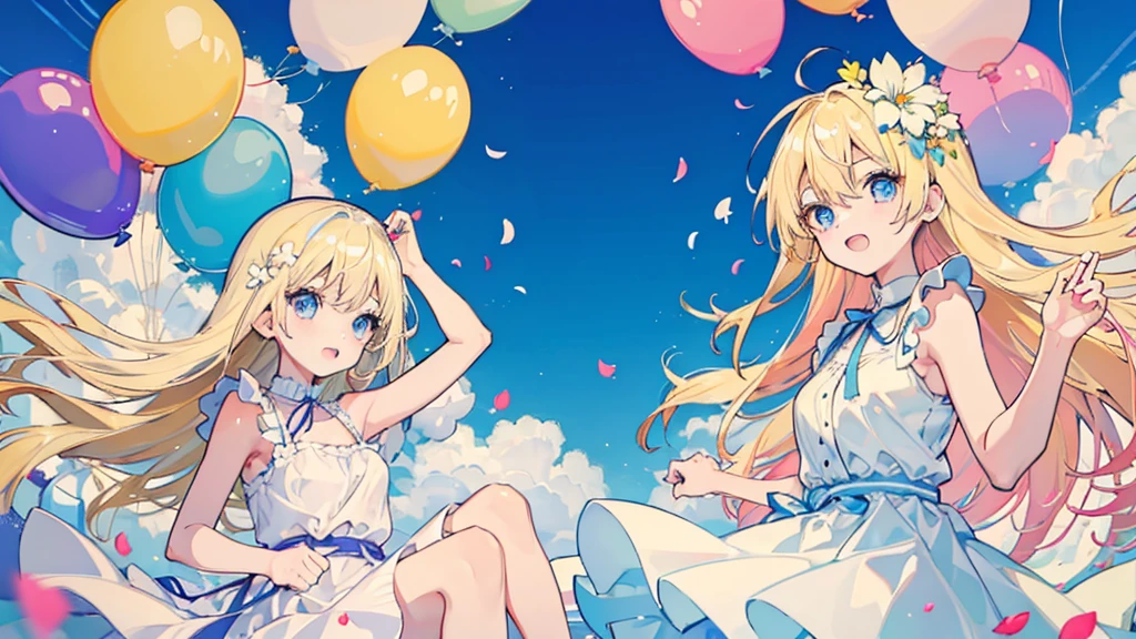 (2 girls, blonde hair, blue eyes, white sundress, kawaii), (fluttering petals, colorful balloons, celebration, congratulation)