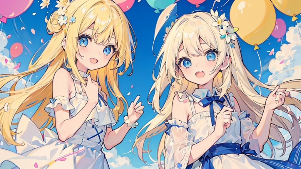 (2 girls, blonde hair, blue eyes, white sundress, kawaii), (fluttering petals, colorful balloons, celebration, congratulation)