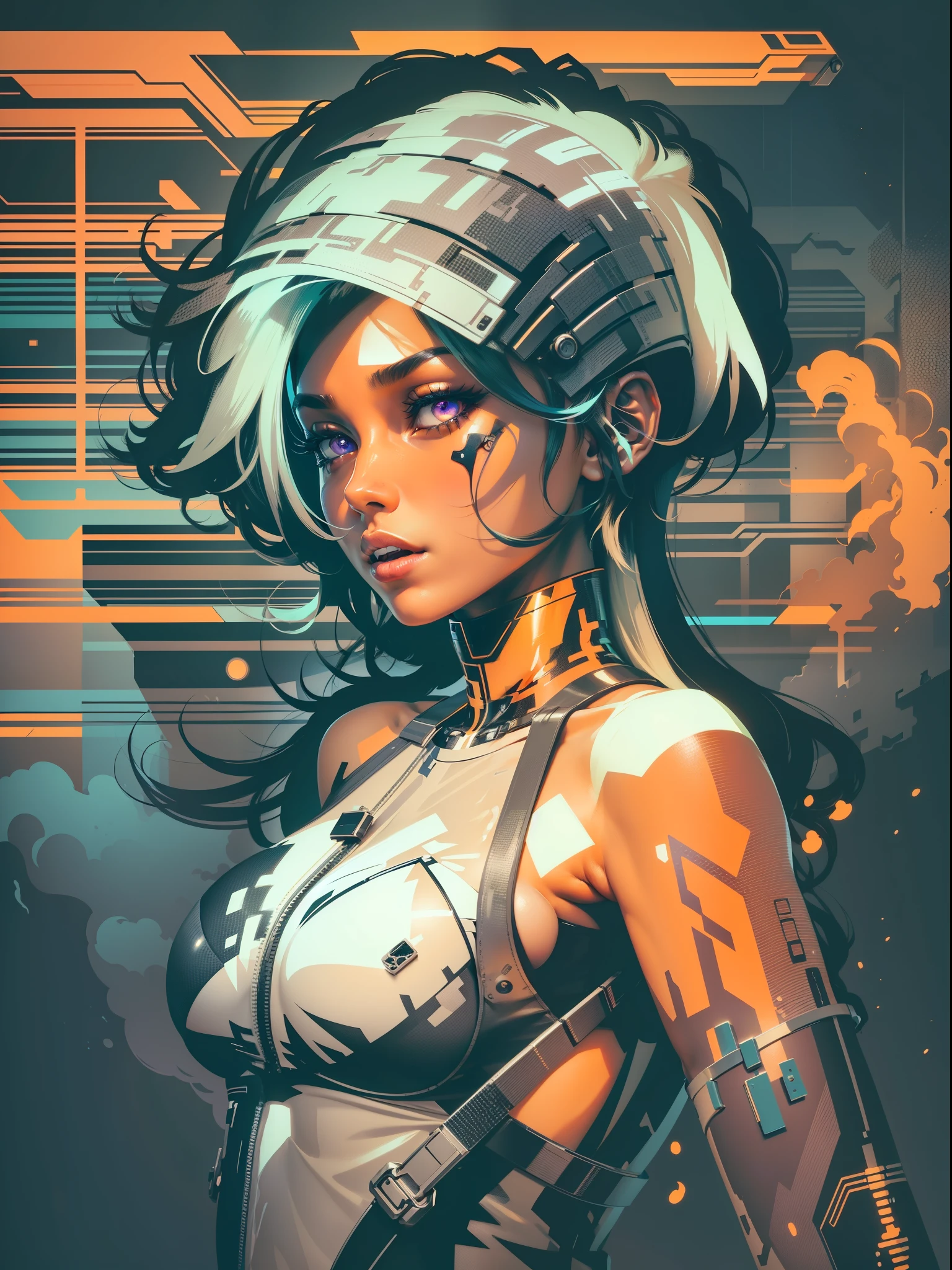 graphic design t-shirt, flat design, futuristic cyberpunk girl in mix of tones, topless,, sexy body, topless, flashing , big , metal skin,short hair,metal nipples, laser beams, purple emissive eyes, colorful tones, clean highly detailed, vector image, smoke explosion, simple background, flat white background, bright vector ((white background) )
