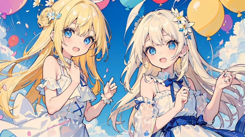 (2 girls, blonde hair, blue eyes, white sundress, kawaii), (fluttering petals, colorful balloons, celebration, congratulation)