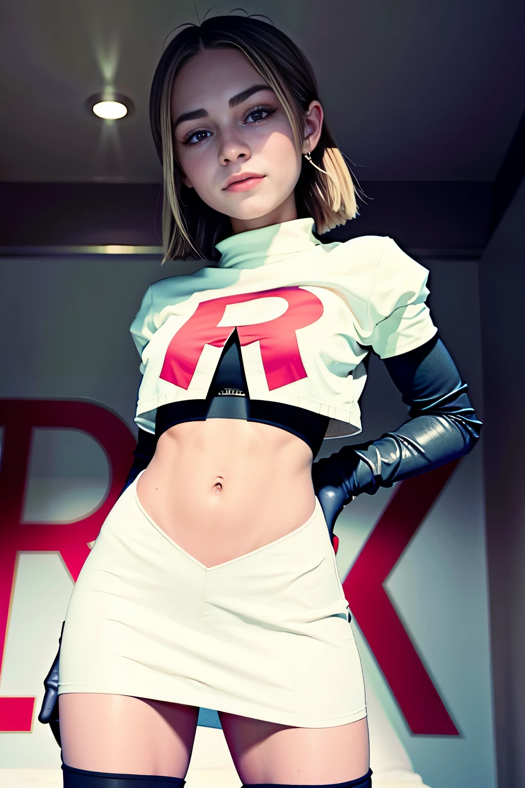 morganrosemoroney, a woman wearing team rocket,team rocket uniform,white skirt,red letter R,crop top,black thigh-highs,black elbow gloves,