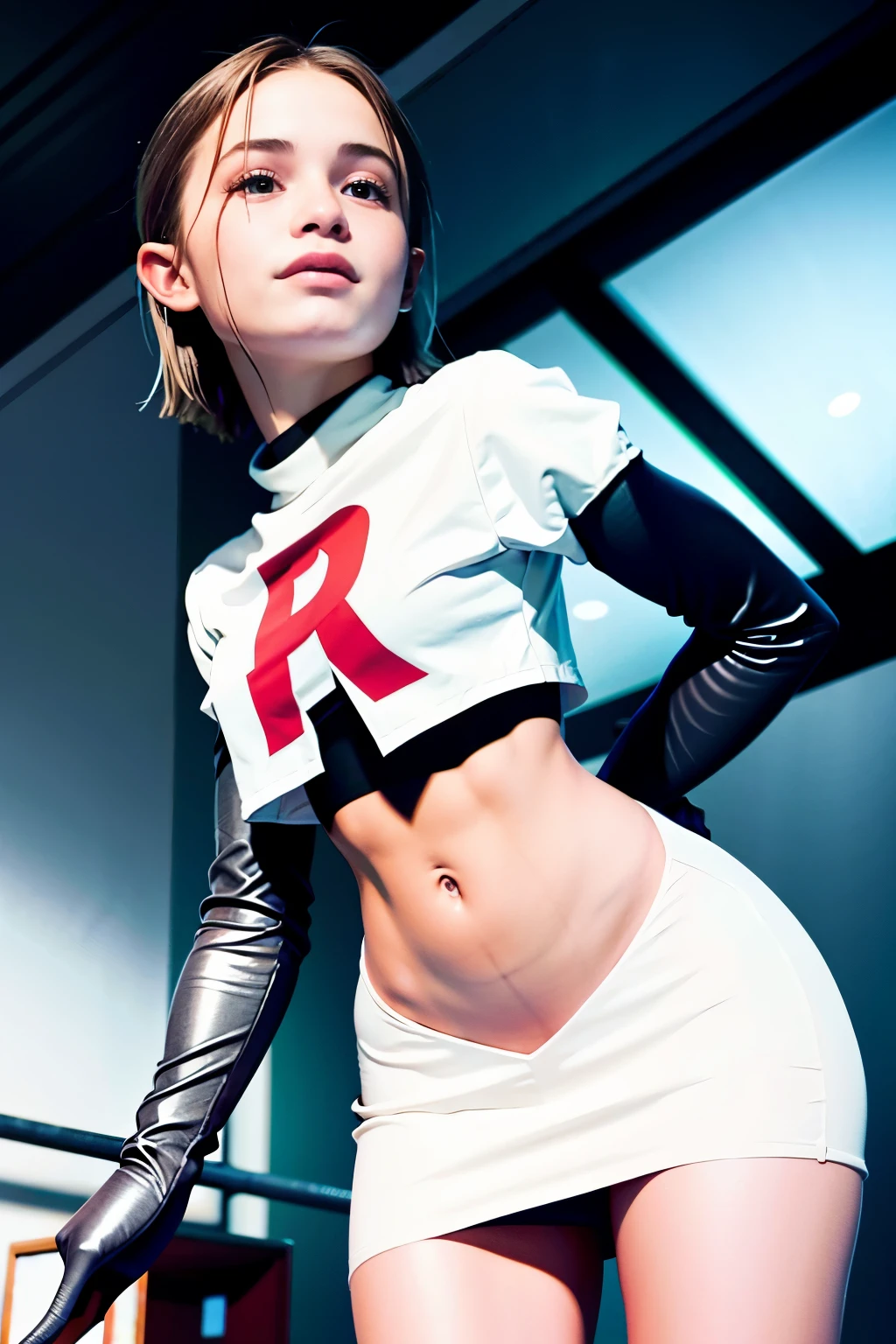 morganrosemoroney, a woman wearing team rocket,team rocket uniform,white skirt,red letter R,crop top,black thigh-highs,black elbow gloves,