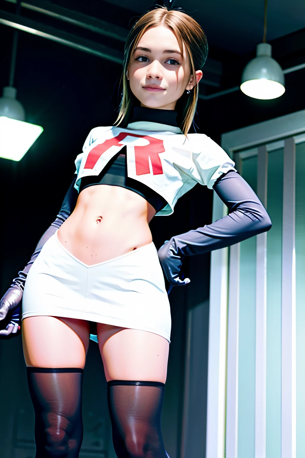 morganrosemoroney, a woman wearing team rocket,team rocket uniform,white skirt,red letter R,crop top,black thigh-highs,black elbow gloves,