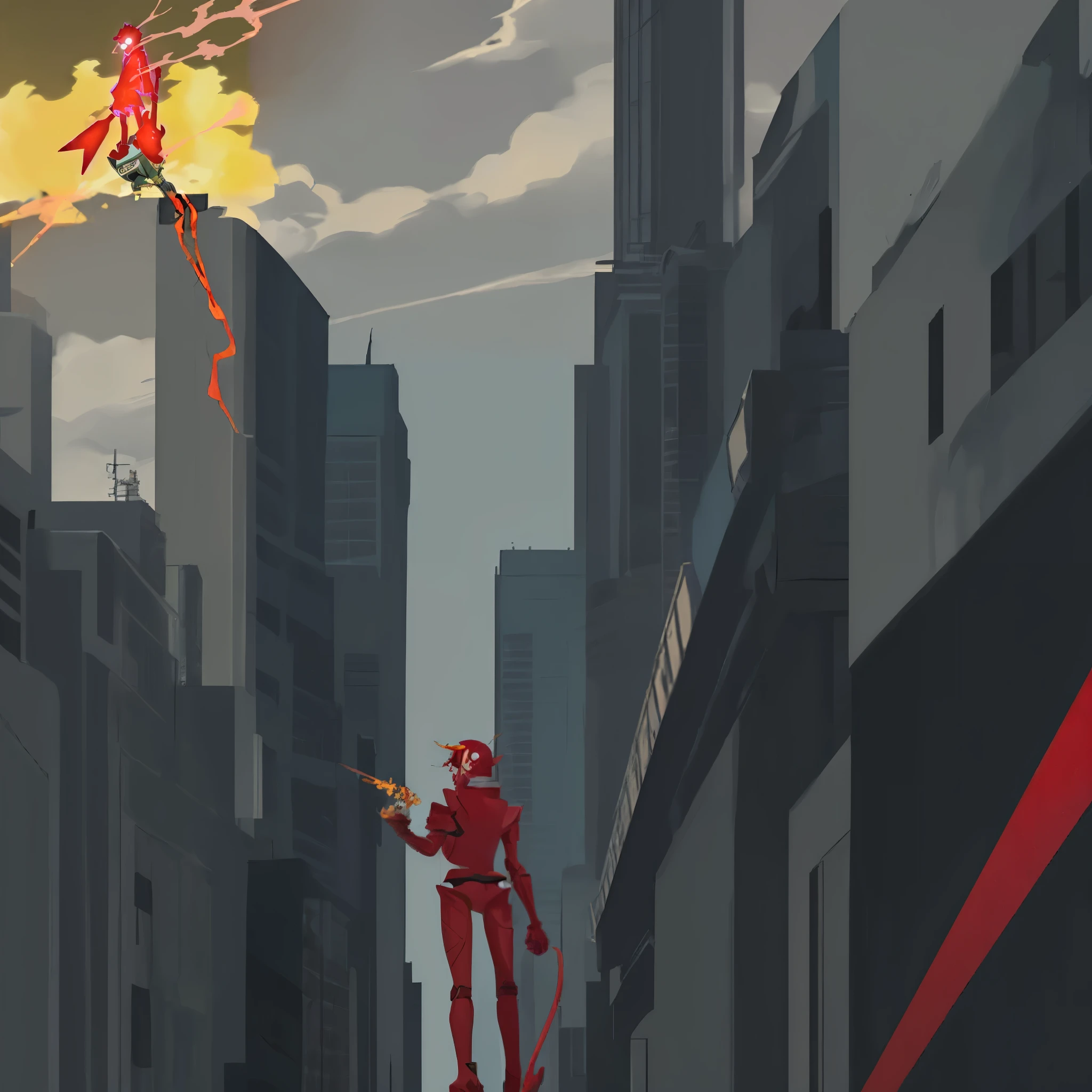 anime image of a red robot with a red tail and a red flame, :14 flcl + akira, flcl, :14 flcl + jet grind radio, gurren lagann, style of gurren lagann (2007), flcl + golgo 13 :10, gurenn lagann