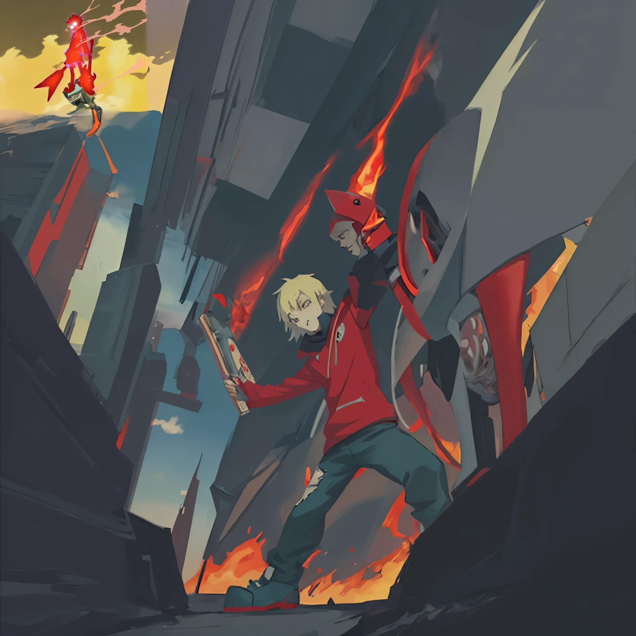 anime image of a red robot with a red tail and a red flame, :14 flcl + akira, flcl, :14 flcl + jet grind radio, gurren lagann, style of gurren lagann (2007), flcl + golgo 13 :10, gurenn lagann
