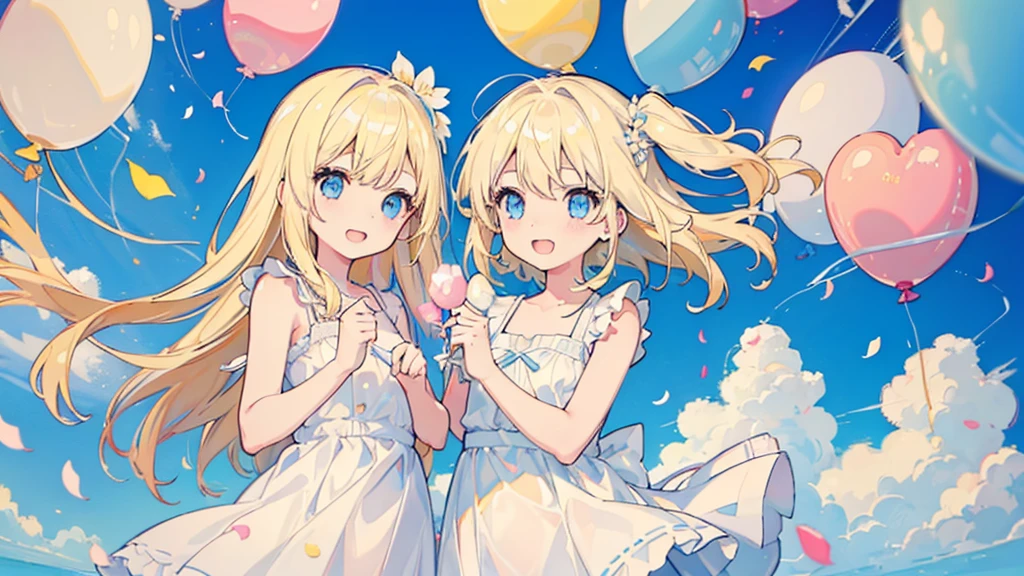 (2 girls, blonde hair, blue eyes, white sundress, kawaii), (fluttering petals, colorful balloons, celebration, congratulation)