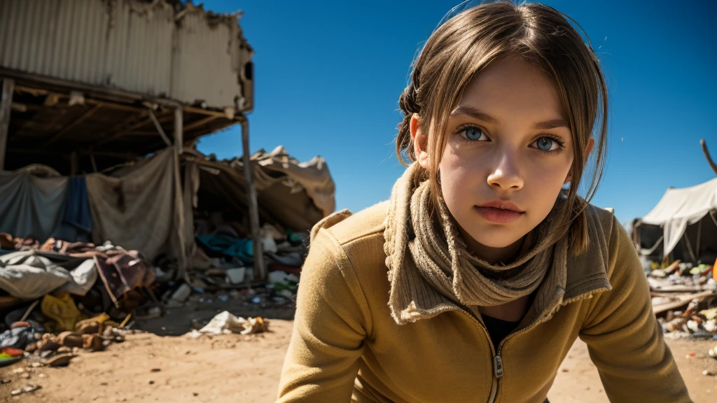 A female survivor in the wasteland. apokalyptisches Setting. Short blonde haircut. Haar mit Undercut. Sehr blasse Haut. Rundes weiches Gesicht. Rundes, weiches Kinn. Runde weiche Wangen. Geschwungene Lippen. stupsige Nase. dunkelbraune Augen. zur Kamera gerichtete Augen. very thin, thin eyebrows. Schlank. kleine Brust. lange dicke Beine. freundlich. Art. androgyn. Burschikos. Wears the used clothing of a wastelander. Hintergrund: An apocalyptic wasteland. Staubig und deprimierend. 