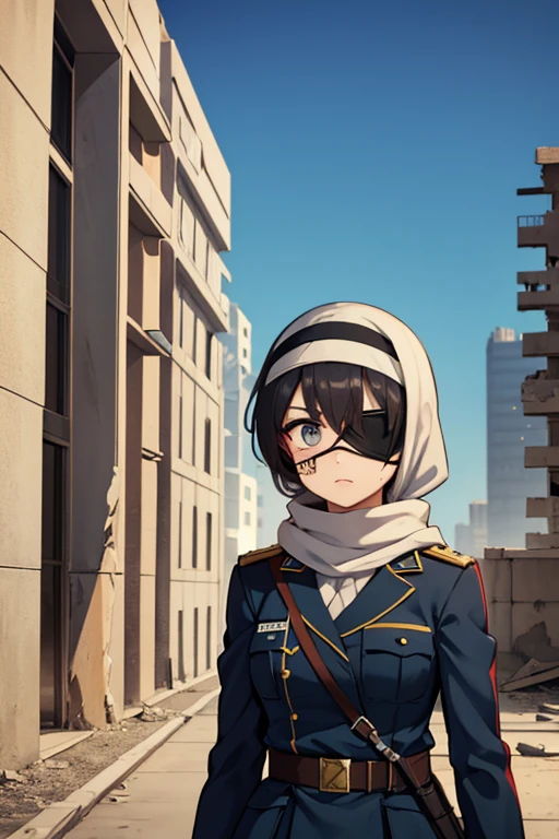 broken building, hijab, woman soldier, headband, eye patch