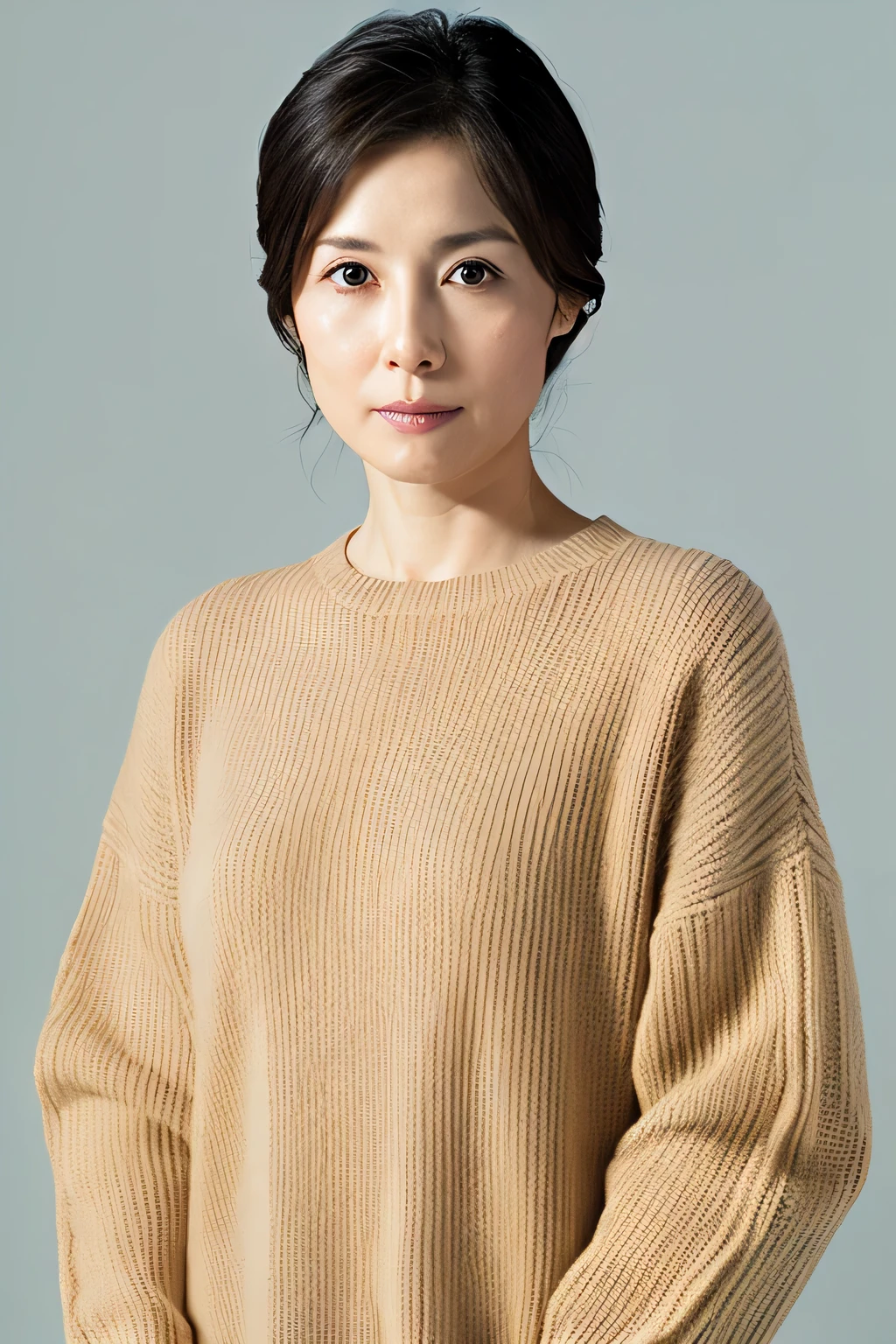pale plain background,japanese mature, 35 years old, Beautiful woman, alone, Close your mouth and look straight ahead with a serious expression,  (((stand upright, facing the center of the screen.))), Sweater for tank top, skirt, High resolution, High level image quality, high detail, rough skin, anatomically correct, sharp, cowboy shot