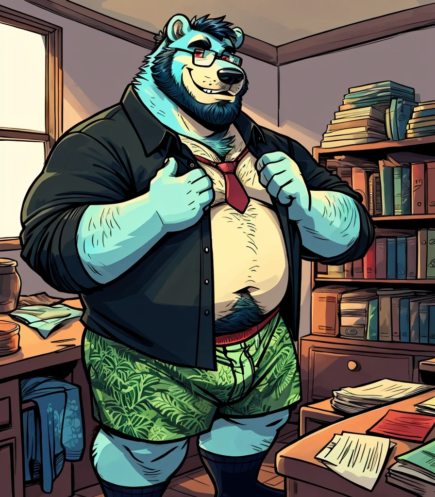 (by dramamine, by haps), mature male, old chubby bear, obese male, (Blue fur:1.2),((facial beard)),(hi res, best quality, high quality, detailed, shaded, shading, masterpiece:1.2), detailed red eyes, detailed clothing, smirk, seductive smile, hairy chest, glasses,inside office,(green pattern boxers:1.4), (black Open shirt:1.5), (necktie removed),(black socks:1.2),(discarded clothes)