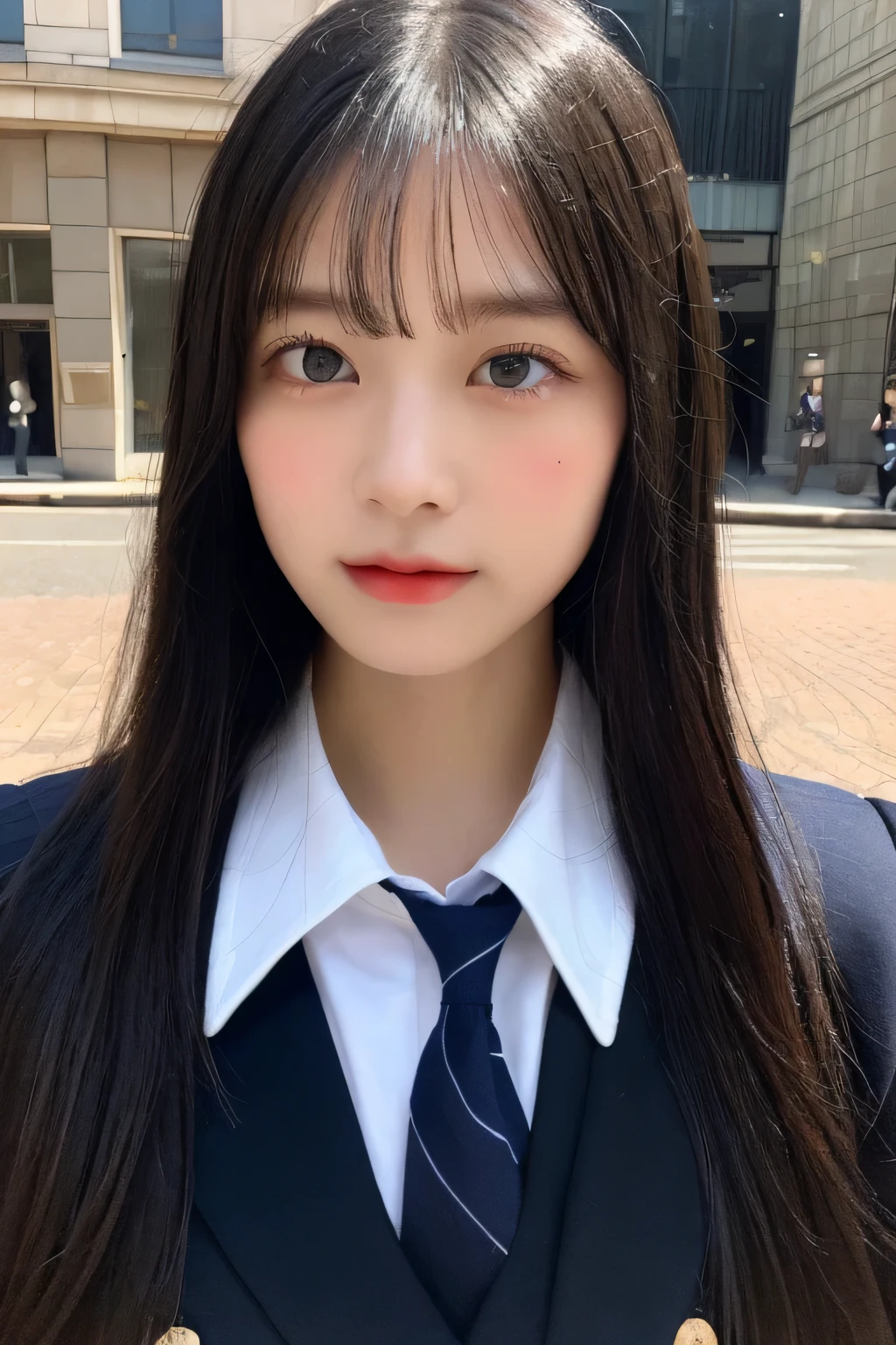 ((highest quality、8K、masterpiece:1.3))、sharp focus:1.2、Beautiful schoolgirl in perfect style:1.4、thin abs:1.2、((long black hair、small breasts:1.2))、(natural soft light、city street:1.1)、Highly detailed face and skin texture、fine eyes、double eyelid、((Uniform 1.5))、