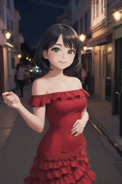 1 girl, , Black hair, Short black hair, Medium Hair, Bob Hair, Green eyes, off shoulder dress, red Flamenco Dress, Flamenco dancer, sleeveless, red long skirt, Smile, the city street, Sexy, nighttime, masterpiece, High quality, better lighting.