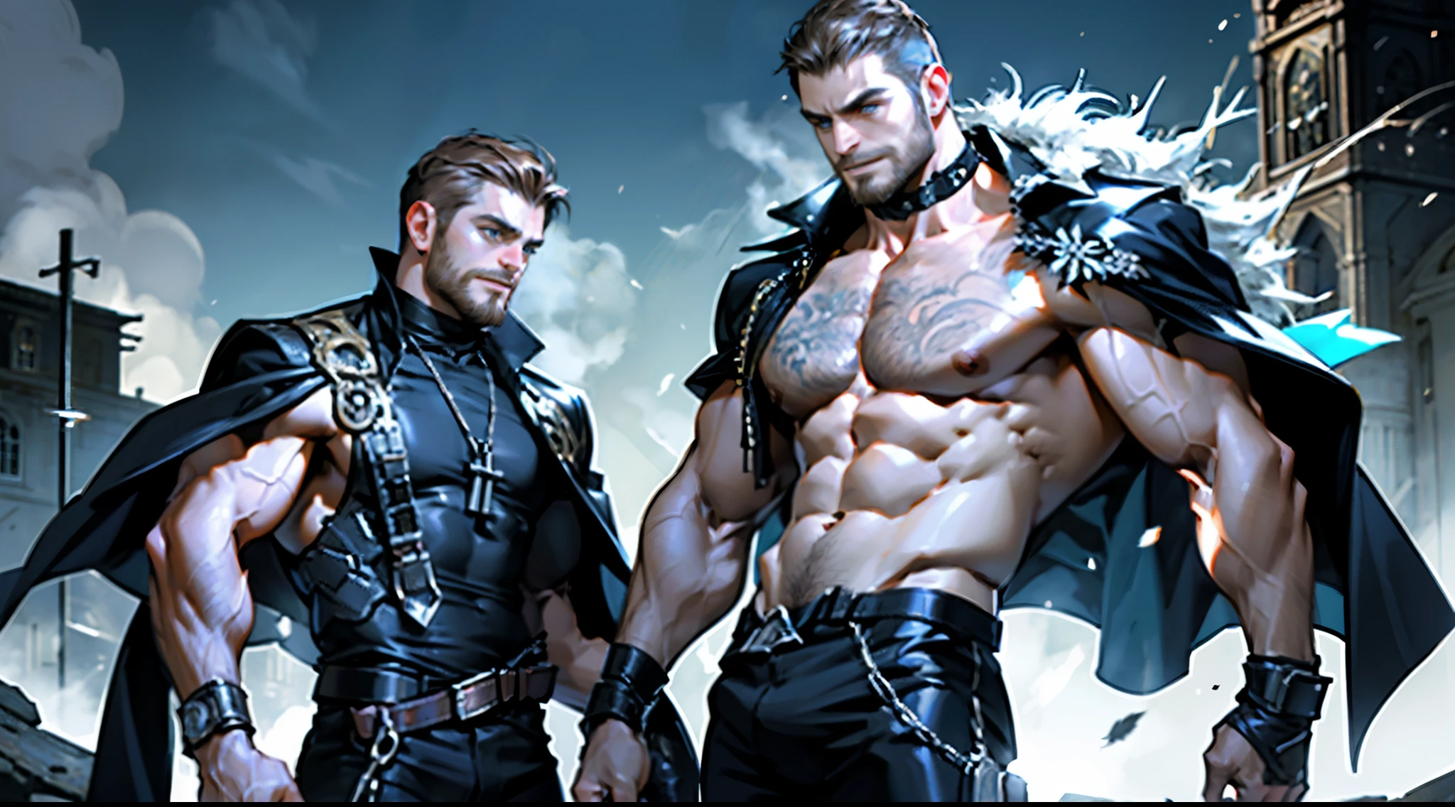 Highest quality, masterpiece, male, black super short hair, blue eyes, armor, cape, brightly colored, bright picture, paladin, muscular, short beard, mature, glowing particle special effects, church, national character face, tall, strong, rough face, falling feathers,Cup, messy short light brown hair, realistic photography, handsome, Masculine, muscular, pretentious smile, small stubble, outdoors, romantic and gloomy atmosphere, water mountain, complex luxury scary background, small smile, pretentious smile, friendly face, rough, 30s, young, extremely hairy chest, alpha, messy short light brown hair, cinematic shot, diffused light, chains, handcuffs, intricate details, athletic muscular physique, cleavage, extremely hairy chest, vintage aesthetic, mysterious aura, night, artwork, bright room, posing, barbarian king, hairy armpit, wearing open baptist shirt, a little fat, big bulge in sports pants, legs open, posing, choker, clear image, (detailed face)