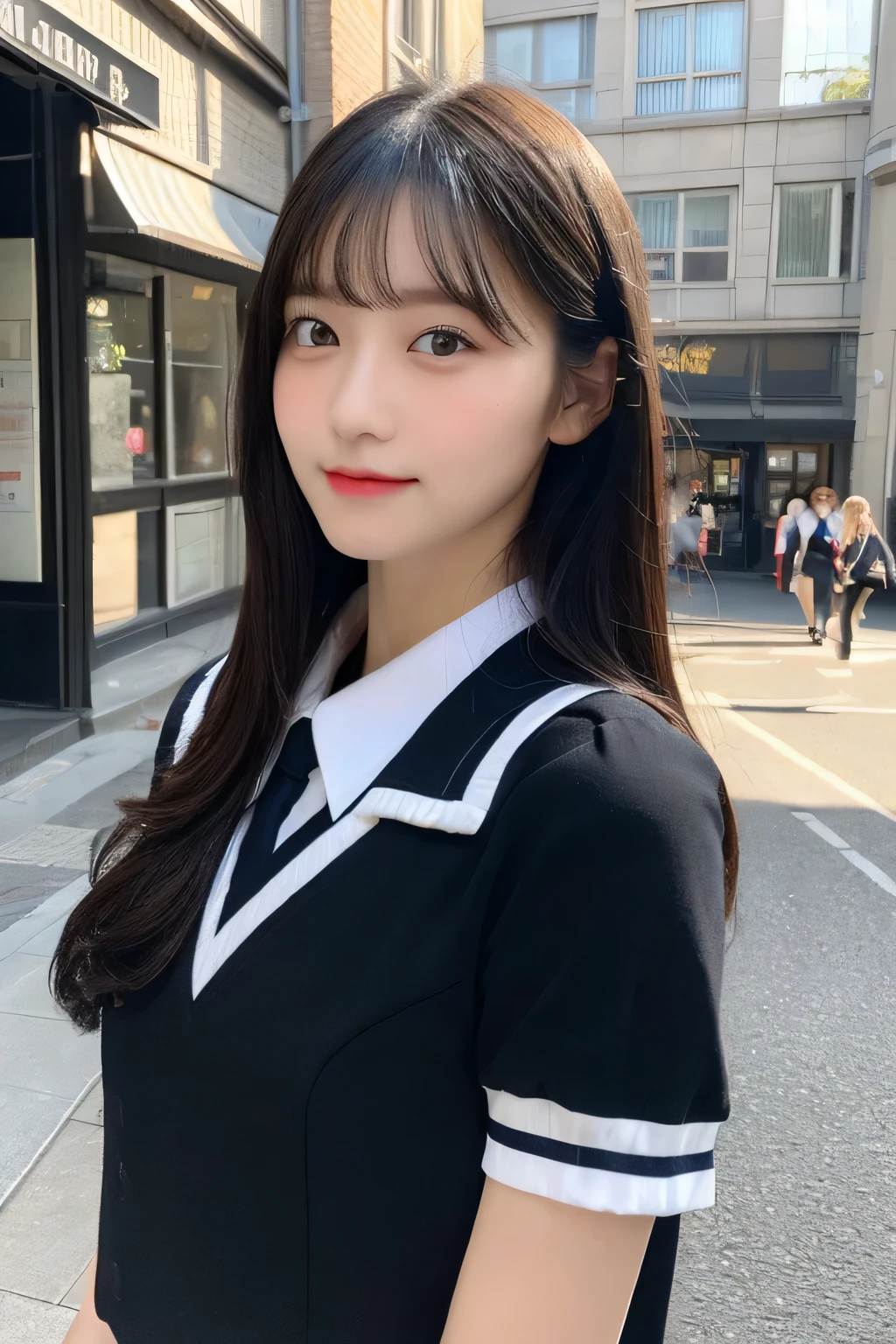 ((highest quality、8K、masterpiece:1.3))、sharp focus:1.2、Beautiful schoolgirl in perfect style:1.4、thin abs:1.2、((long black hair、small breasts:1.2))、(natural soft light、city street:1.1)、Highly detailed face and skin texture、fine eyes、double eyelid、((Uniform 1.5))、