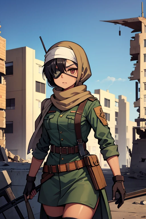 broken building, hijab, woman soldier, headband, eye patch, tan skin