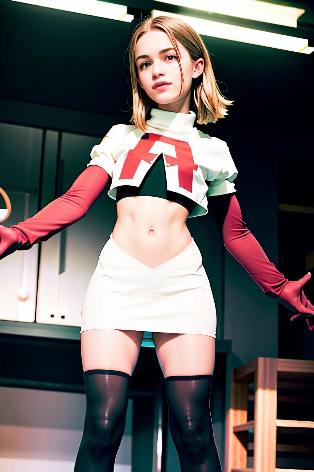 morganrosemoroney, a woman wearing team rocket,team rocket uniform,white skirt,red letter R,crop top,black thigh-highs,black elbow gloves,