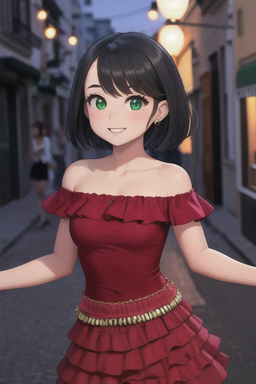 1 girl, , Black hair, Short black hair, Medium Hair, Bob Hair, Green eyes, off shoulder dress, red Flamenco Dress, Flamenco dancer, sleeveless, red long skirt, Smile, the city street, Sexy, nighttime, masterpiece, High quality, better lighting.