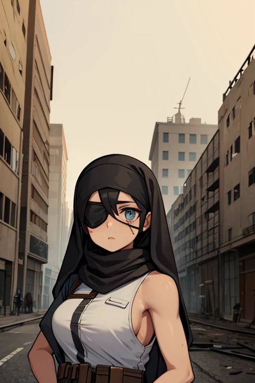 broken building, hijab, woman soldier, headband, eye patch, tan skin