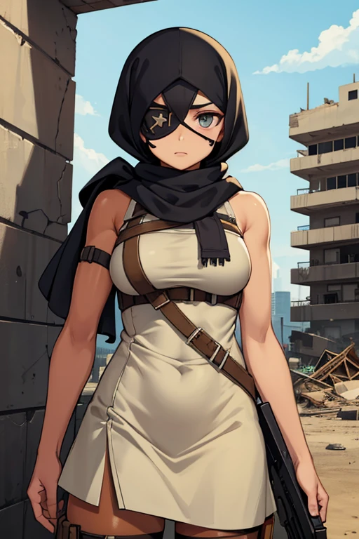 broken building, hijab, woman soldier, headband, eye patch, tan skin