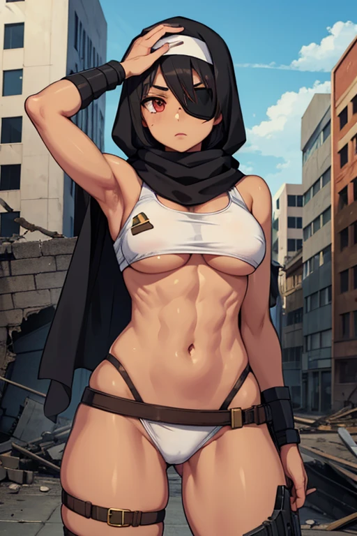 broken building, hijab, woman soldier, headband, eye patch, tan skin