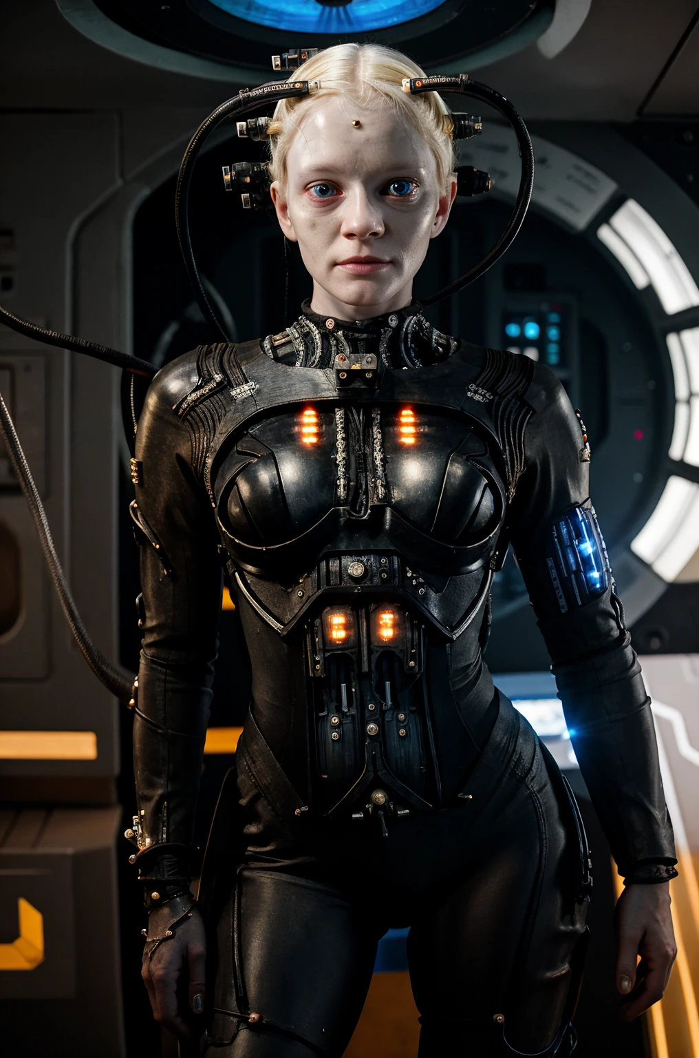 borg woman casey, (cable:1.4), 

[(pale white:.1) (Natural:1) (skin:1.3)::8]
[[(Natural:1.1) (pale white:.9) (skin:1.3):8]::16]
[(Natural:1) (pale white:1.3) (skin:1.3):16]
 [(with:.01) (beauty_marks:.01):6], 

[bald:(long light blonde hair:1.2):12], [(blue eyes:1):4], [albino Nordic:8],

(medium shot:1.4), sexy (cyborg:.05) (cybernetic:.1) (implants:.1), (cyborg:.1) (cybernetic:1.1) (bikini:1), [(busty:.8):1], 

young,   front light, well lit, fit, [outdoors:space station base:6], led lights, laser lights, detailed skin,  photograph, detailed, high resolution, RAW photo, in frame, 

[BREAK:8] 
[(many beauty_marks and:.01) (many light moles on her skin:1.3):8], 

[BREAK (light brown moles:.1):12]