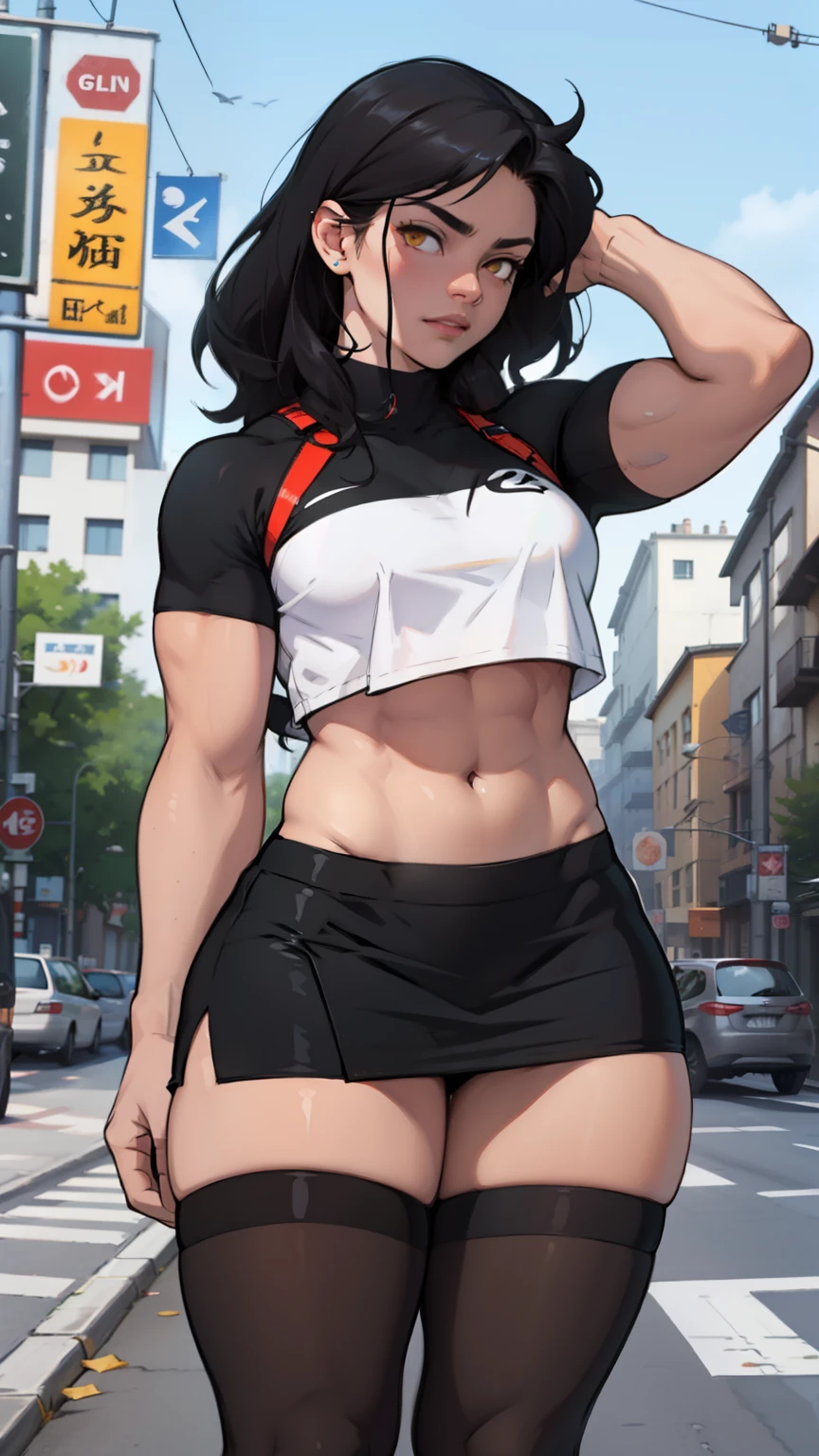 sad girl muscular girl thick girl pale skin girl black hair girl yellow eyes girl skindentation thigh highs skirt crop top midriff navel abs