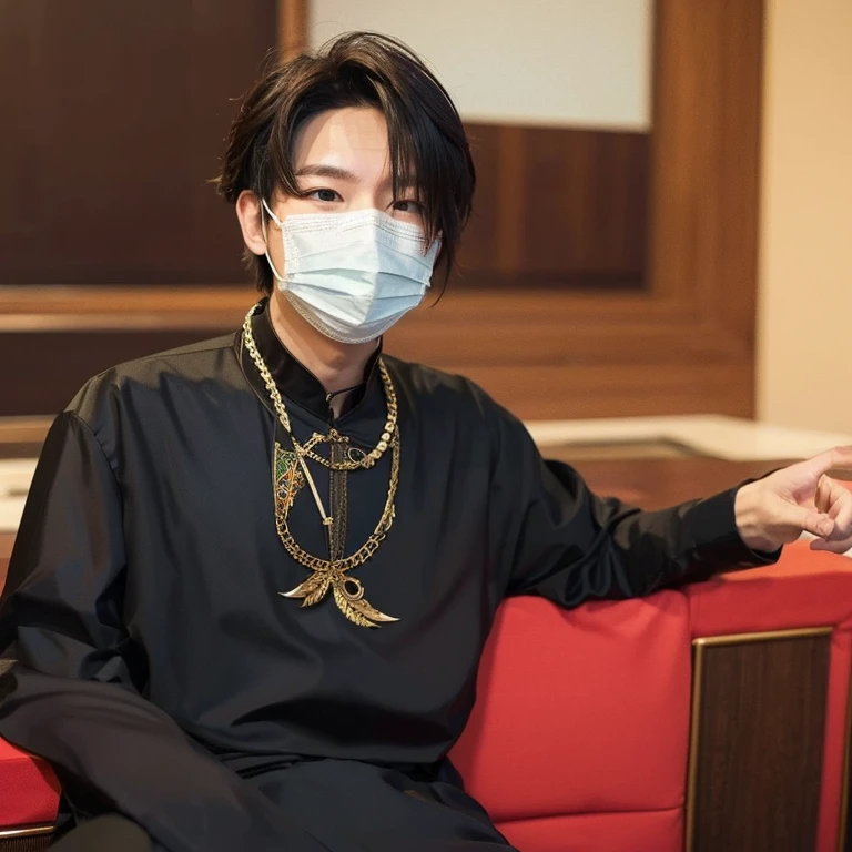 Chinese male、fortune teller、Wearing a mask、cheongsam clothing、Black clothes、suspicious、spiritual、The face is hidden、Wearing a mask