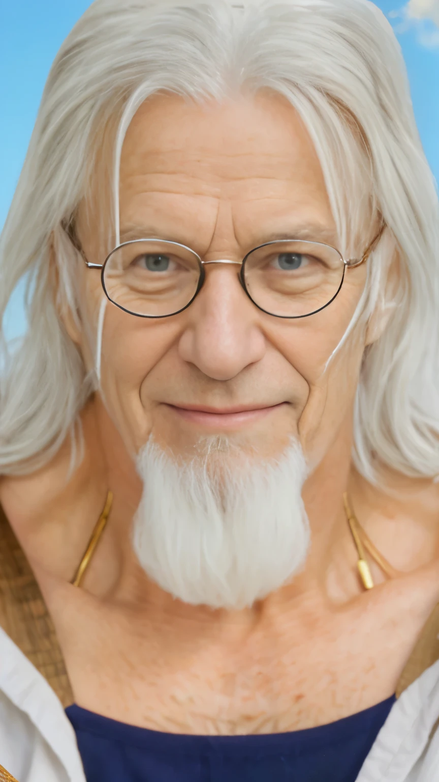 (masterpiece), (realistic), (ultra detailed), ( high reest quality), (photorealistic), (perfect face), (perfect anatomy), (((old man))), (((muscular))), (((male))), solo, (((50 years old))), Silvers Rayleigh from one piece, Silvers Rayleigh, white bearded, white hair, long wavy hairstyle, a few strands of hair to the fore, (((wearing round glasses))), wearing a long brown shirt, wearing a white robe and the inside of the robe is dark green, the character's facial expression is happy, wearing maroon pants, wearing wooden sandals, the character's right hand is throwing 5 bullets, the character's left hand is leaning on the character's right leg, the character is sitting on a wooden barrel, the character is sitting on a wooden barrel and his right hand is throwing several bullets, behind the character is a pole wood and blue sky, detailed hands, detailed feet, detailed fingers, detailed toes