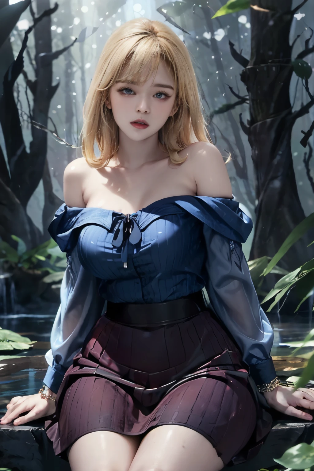 HDR,UHD,8K,A woman with plump lips, shiny skin, medium platinum blonde with midnight blue highlights hair, D cup breast,wet clothes, wearing a sheer burgundy shirt, wearing a high waisted black ribbed skirt, (forest background),  full body