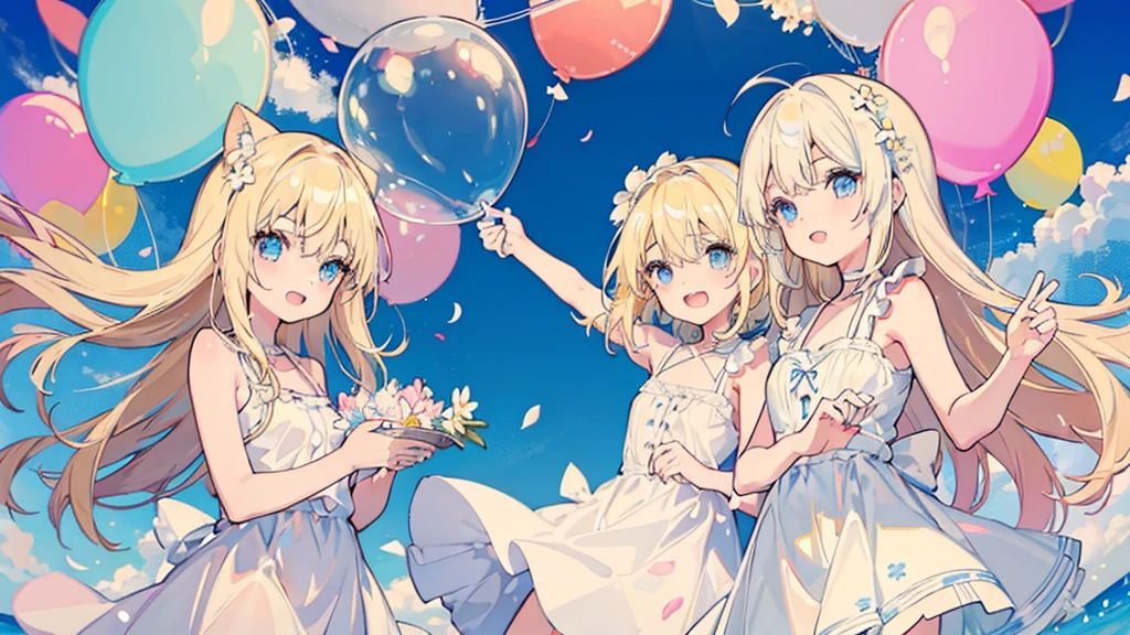(2 girls, blonde hair, blue eyes, white sundress, kawaii), (fluttering petals, colorful balloons, celebration, congratulation)
