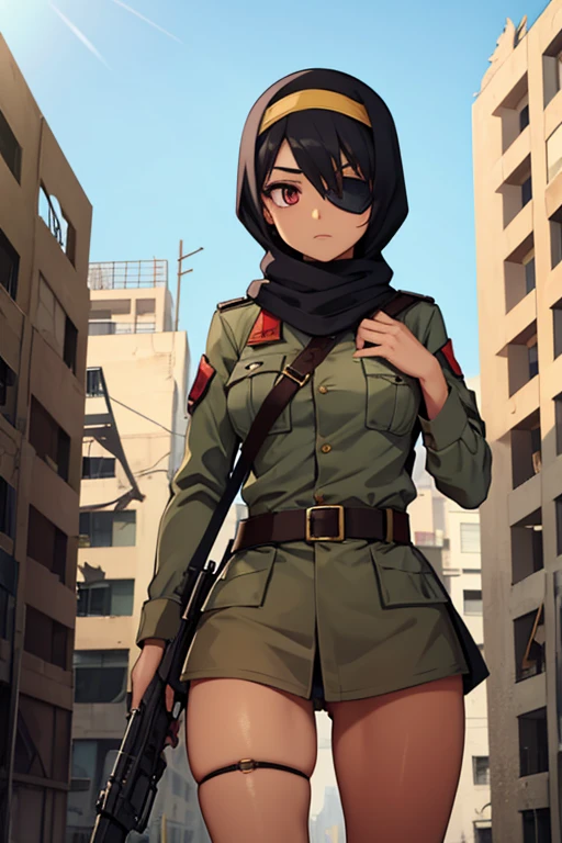 broken building, hijab, woman soldier, headband, eye patch, tan skin