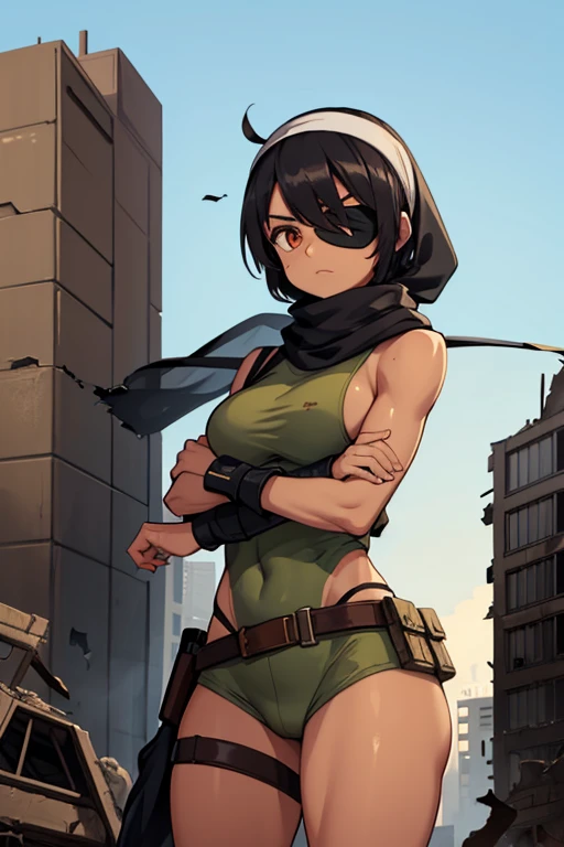 broken building, hijab, woman soldier, headband, eye patch, tan skin