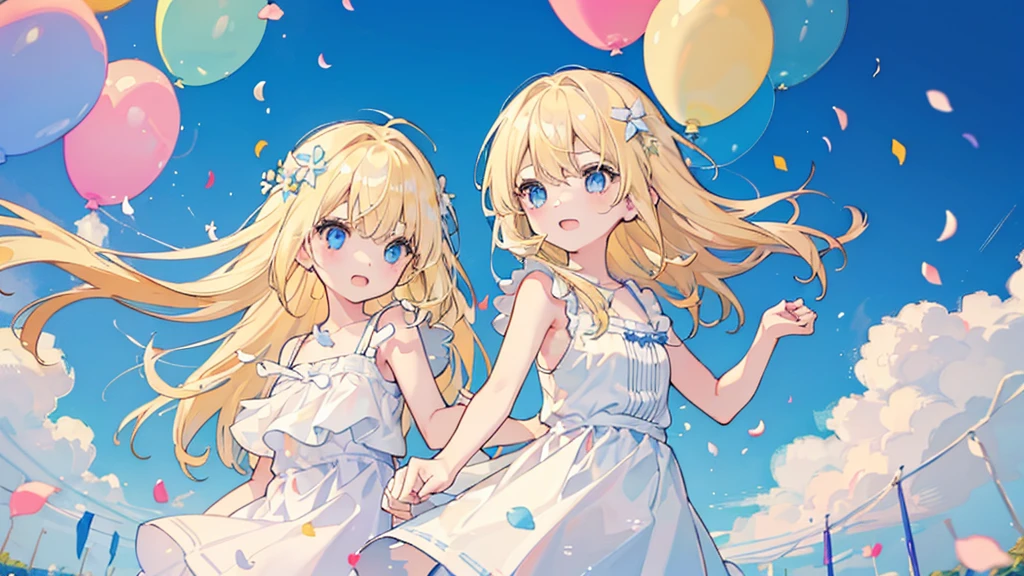 (2 girls, blonde hair, blue eyes, white sundress, kawaii), (fluttering petals, colorful balloons, celebration, congratulation)