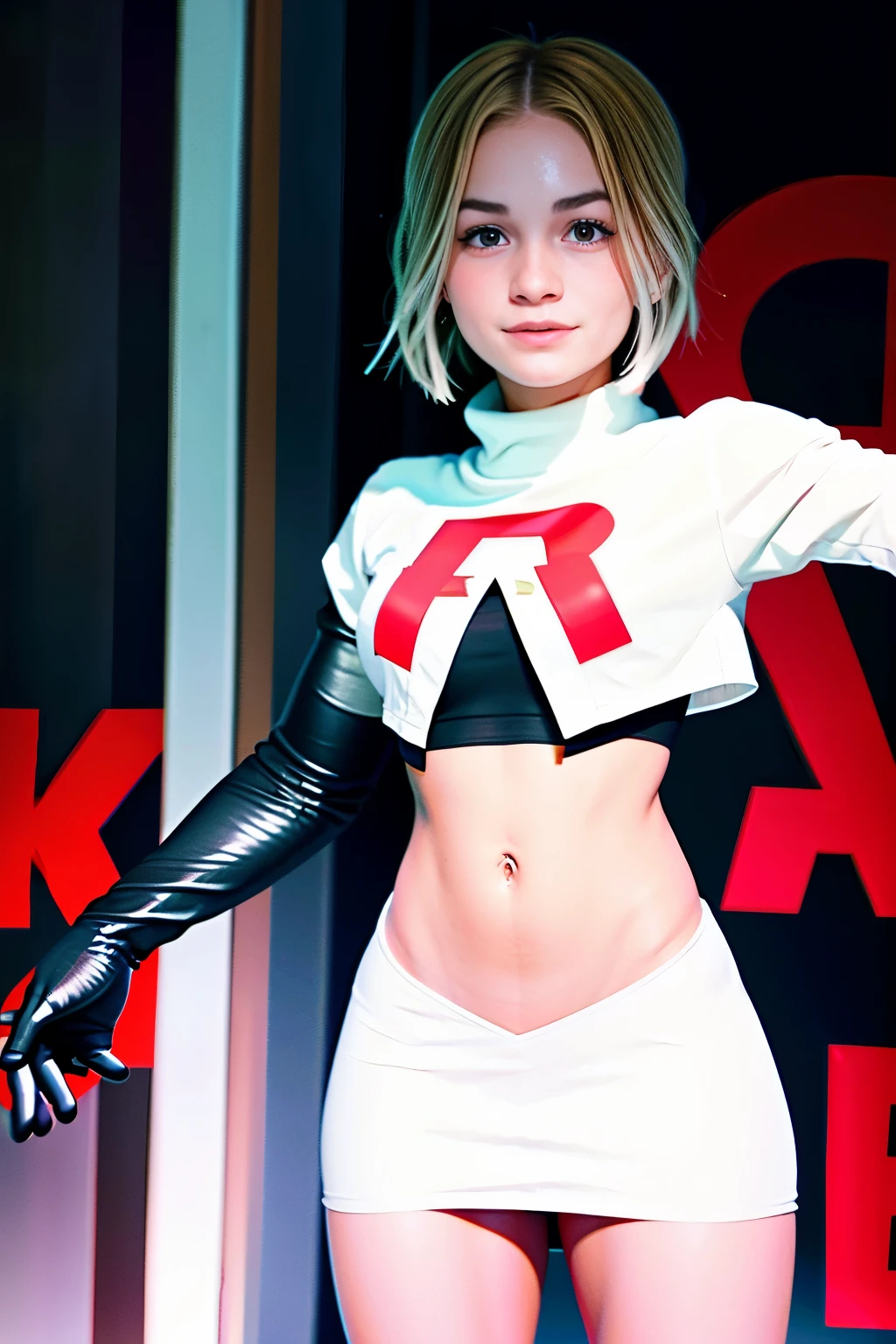 morganrosemoroney, a woman wearing team rocket,team rocket uniform,white skirt,red letter R,crop top,black thigh-highs,black elbow gloves,