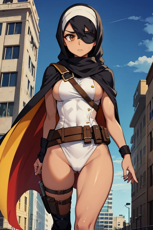 broken building, hijab, woman soldier, headband, eye patch, tan skin, cape