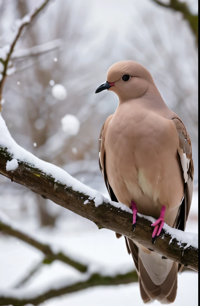 A majestic Dove sitting on a branch in the winter time, as it perches on a single branch all the snow sitting on it builds up, animal photography, 600mm 2.8, shallow depth of field, bokeh, perfect photograph, masterpiece, 8k, minimalist, minimalist background, single branch, 1 branch, 1dove