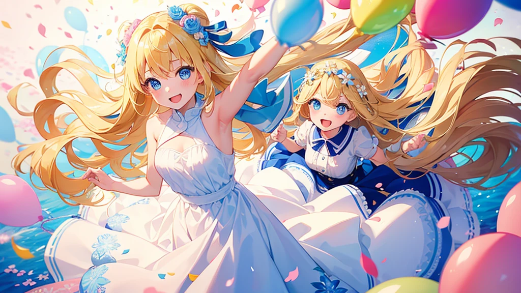 (2 girls, blonde hair, blue eyes, white sundress, smile, kawaii), (fluttering petals, colorful balloons, celebration, congratulation)