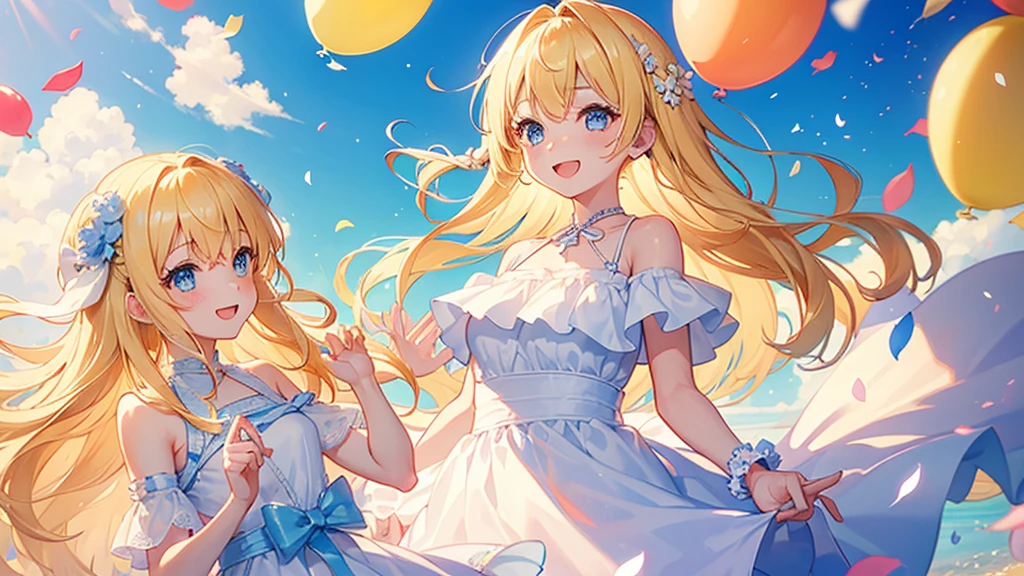 (2 girls, blonde hair, blue eyes, white sundress, smile, kawaii), (fluttering petals, colorful balloons, celebration, congratulation)