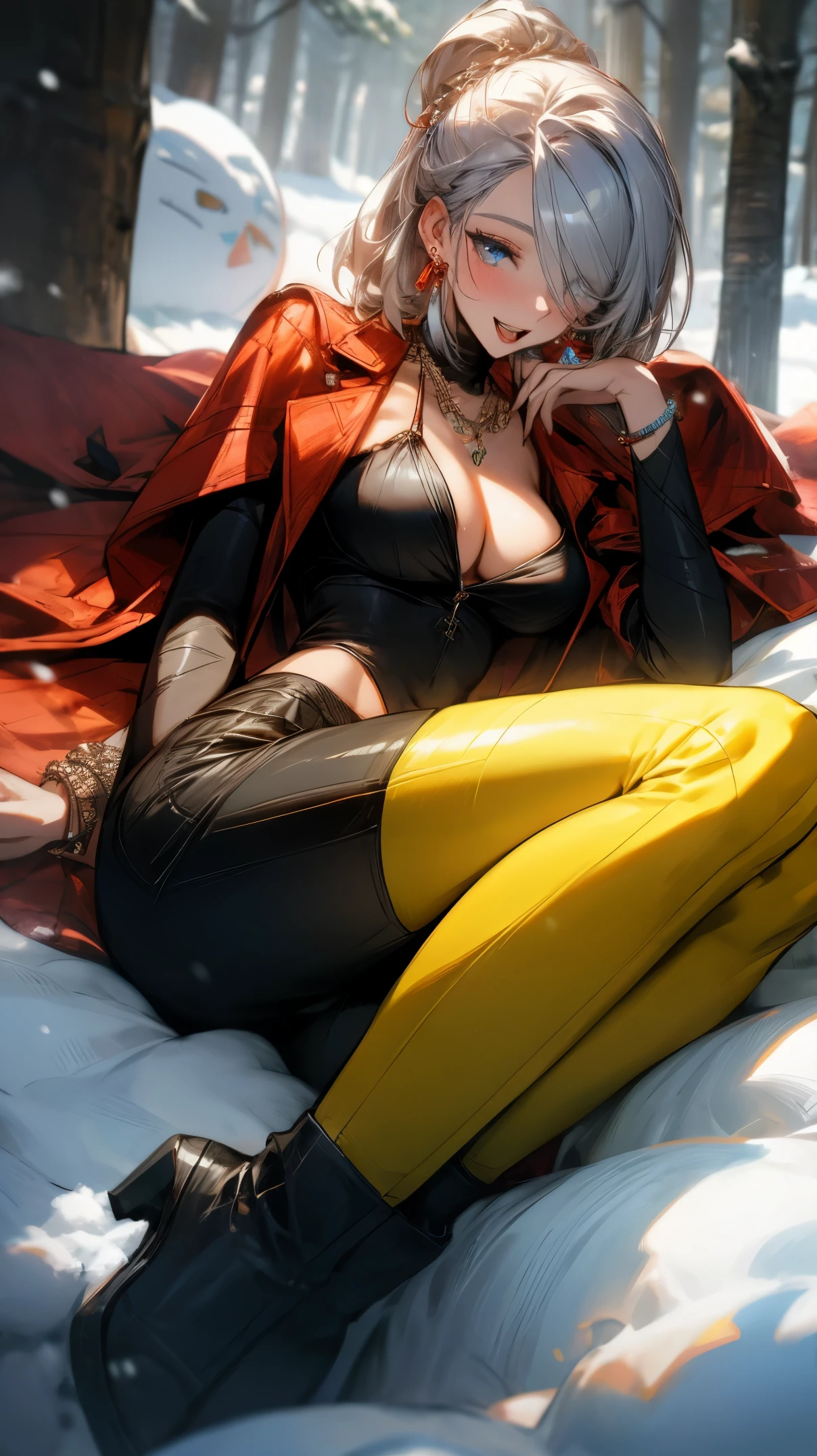 (masterpiece, best quality:1.2), (high resolution, 8K RAW photo, photo realistics, clear focus, thin outline:1.3, clear focus), (cinematic lighting, textile shading), pov, ((solo:1.5)), (1 matured woman, 28 years old), ((milf:1.5)), ((nfsw:1.37, fuge breast:1.3, sagging breast, big tits, breast cleavage, harass sexually)), ((Bright beautiful eyes:1.3, fine detailed eyes, high detailed pupils)), beautiful girl in winter clothes:1.5, (lying on your back:1.5, lying on the ground), (yellow winter outfits, duffle coat:1.2, knit scarfs around neck, tihg-high length long boots), snowballs, snow man, in the snow, (looking at viewers, with smiling, half-closed eyes:0.7), raised sexy, (little opening mouth:1.3), light purple mesh in silver hair, medium short hair, hair over one eye, asymmetric hair, half updo hair, side rock, blue eyes, (Luxury detailed accessories, necklace, earrings, Bracelets), bokeh, dynamic angle, close-up face:1.5, full body:0.8, from your under, bird view:1.5, (correct anatomy:1.6, ideal ratio of body proportions, correct hand:1.5, small hands), outdoors, in a snowy forest, snow covered ground, trees decorated with snow,