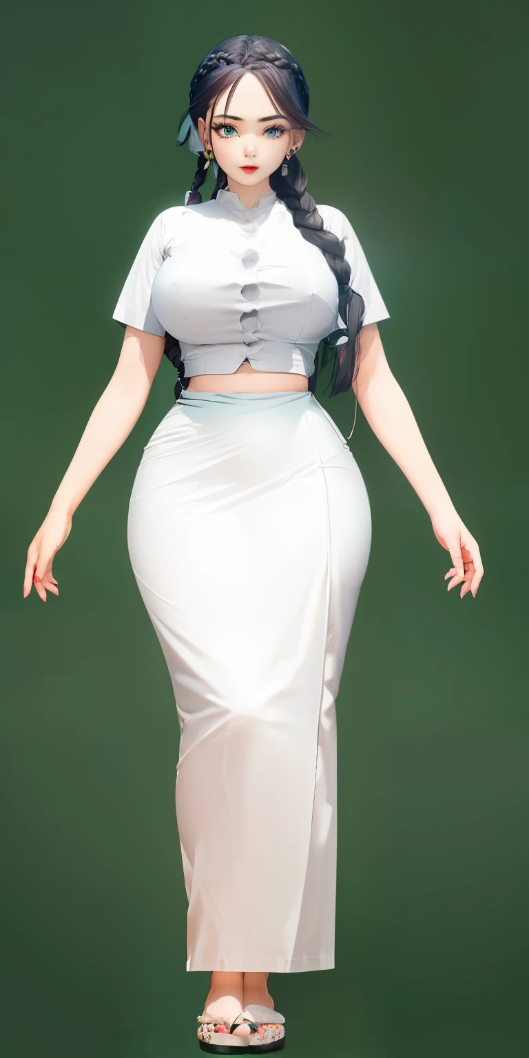 (((masterpiece))), 1girl, A 18 years old Burmese school girl, (long hair, black hair, (braids:1.3), detailed face, blue eyes, red lips, earrings), prefect breasts, tight breasts, (well accentuated curves), (silver nails), Long eyelashes, eyelinertremely wide well defined hips:1.2), (beautiful massive thick thighs), has a tall slender figure, (Extremely detailed skin texture:1.2), white pale skin, (glamorous body:0.5), (white skin:1.15), perfect proportions, (narrow waist:0.5), nice hands, free hands. 1girl, solo, 1character, (full body). (((acmm ss outfit:1.2), wearing acmm top, white acmm top, short sleeves, buttons)), ((wearing acmm long skirt, Forest green acmm long skirt)), wearing Flip-flop. ((Green background)), wallpaper, standing, anime vtuber full body model, (((simple background)))