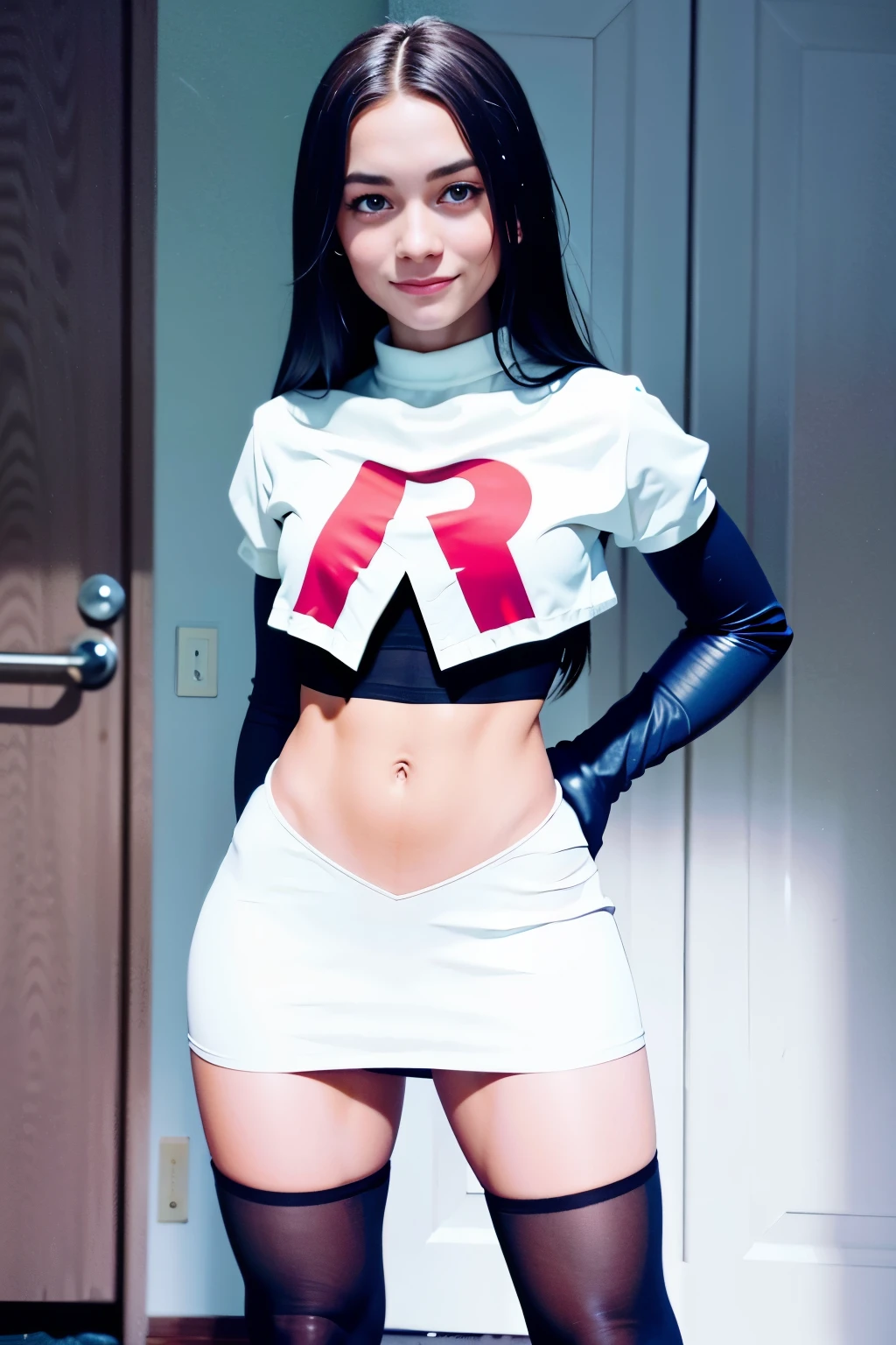 morganrosemoroney, a woman wearing team rocket,team rocket uniform,white skirt,red letter R,crop top,black thigh-highs,black elbow gloves,