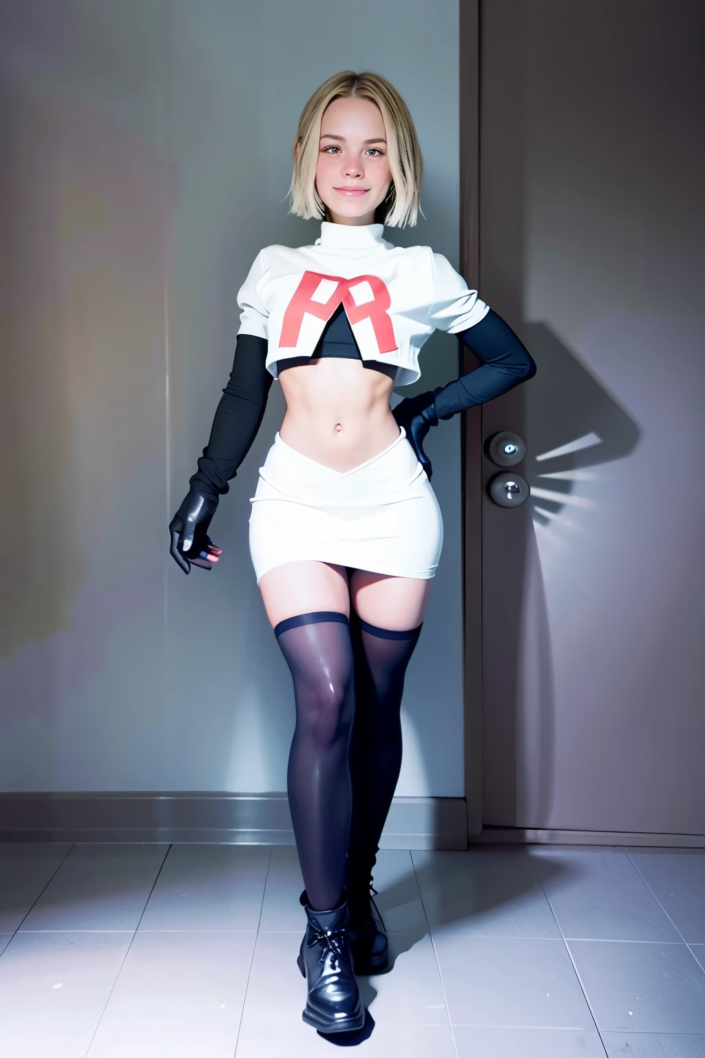 morganrosemoroney, a woman wearing team rocket,team rocket uniform,white skirt,red letter R,crop top,black thigh-highs,black elbow gloves,