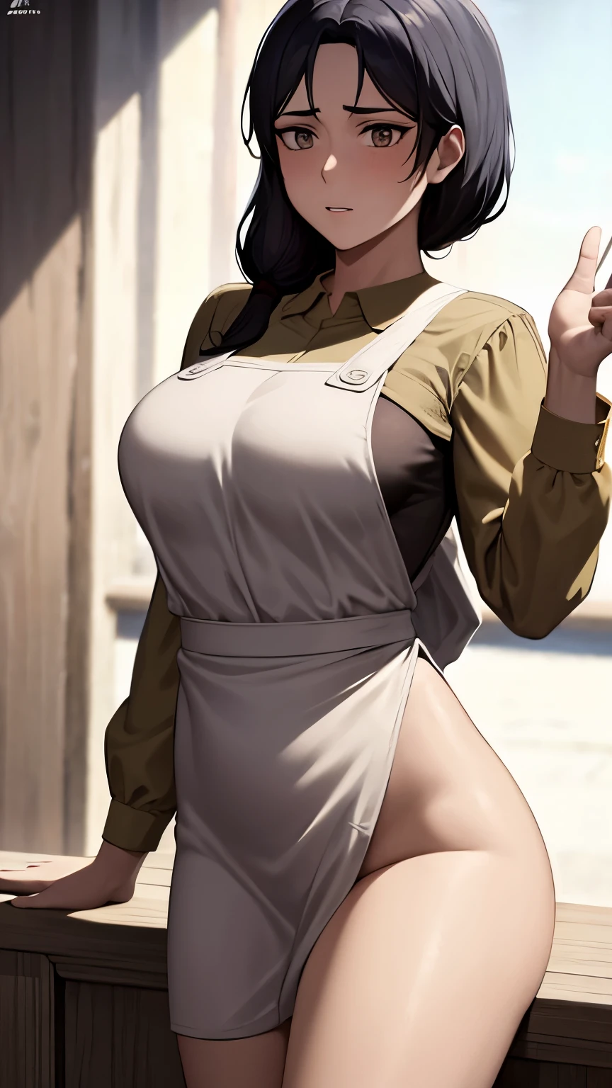 Masterpiece, women with bright face and having confidence in her body, sexy, wearing an apron, black hair.