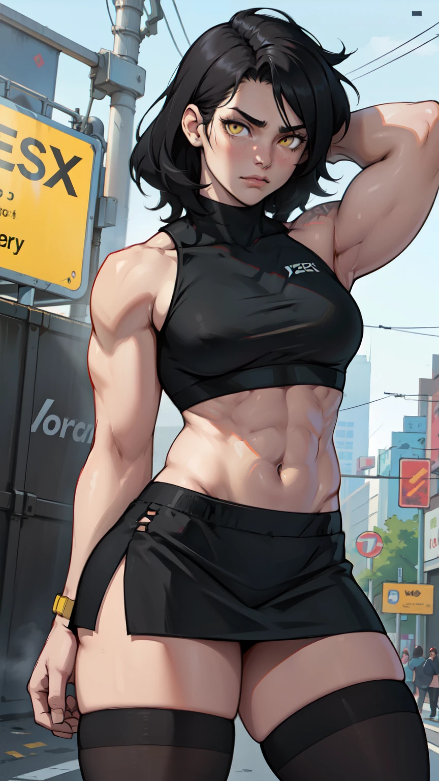 sad girl muscular girl thick girl pale skin girl black hair girl yellow eyes girl skindentation thigh highs skirt crop top midriff navel abs