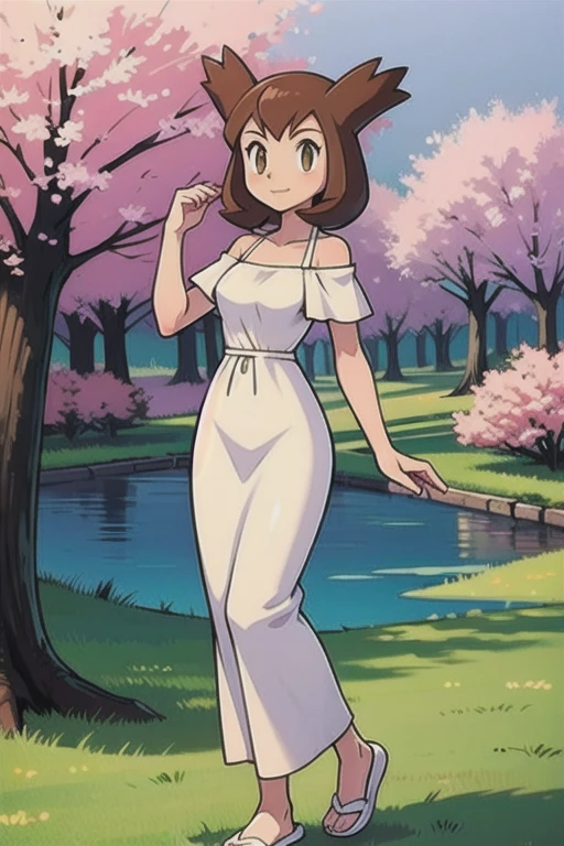 Bianca (pokemon heroes), 1 girl, brown hair, brown eyes, off shoulders, white maxi dress, white slippers, intricate details, sharp focus, high resolution, the background of beautiful flower park with trees and canals, beautiful sunny day,