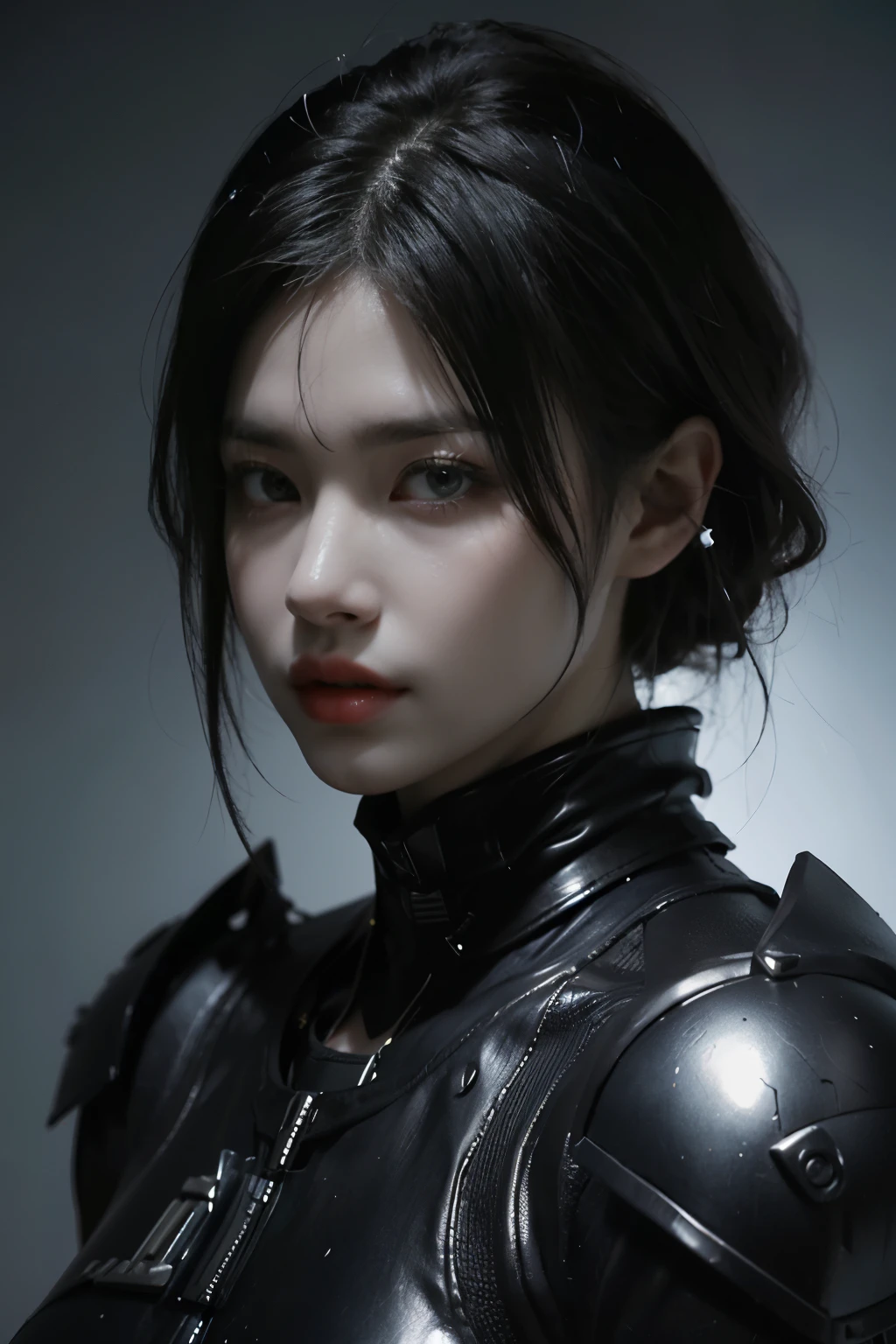 Game art,The best picture quality,Highest resolution,8K,((A bust photograph)),((Portrait)),(Rule of thirds),Unreal Engine 5 rendering works, (The Girl of the Future),(Female Warrior), 22岁少女,(Female hackers),(White short hair,Long hair casual),(A beautiful eye full of detail),(Big breasts),(Eye shadow),优雅迷人,微笑,(皱眉),(Battle wear full of futuristic tech,Clothing combines futuristic power armor and police uniforms,The garments are adorned with glittering patterns and badges),赛博朋克人物,未来风格, 拍照姿势,城市背景,Movie lights,Ray tracing,Game CG,((3D Unreal Engine)),oc渲染反射纹